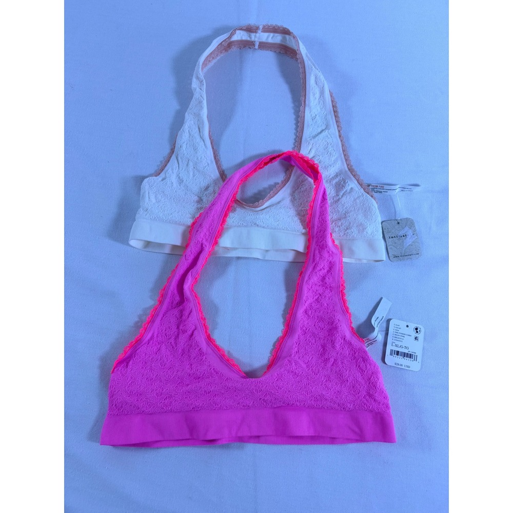 Free People Halter Bralette Large XL Pink White NEW 2 Pack Lace Boho V-Neck